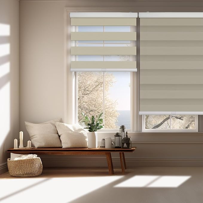 FOIRESOFT Standard Cordless Custom Blackout Zebra Roller Shades and Blinds for Windows [Bonita, Ivory Beige, W 20-81 x H 20-84 inch] Dual Layer Sheer Room Darkening, Select 1x1 for Custom