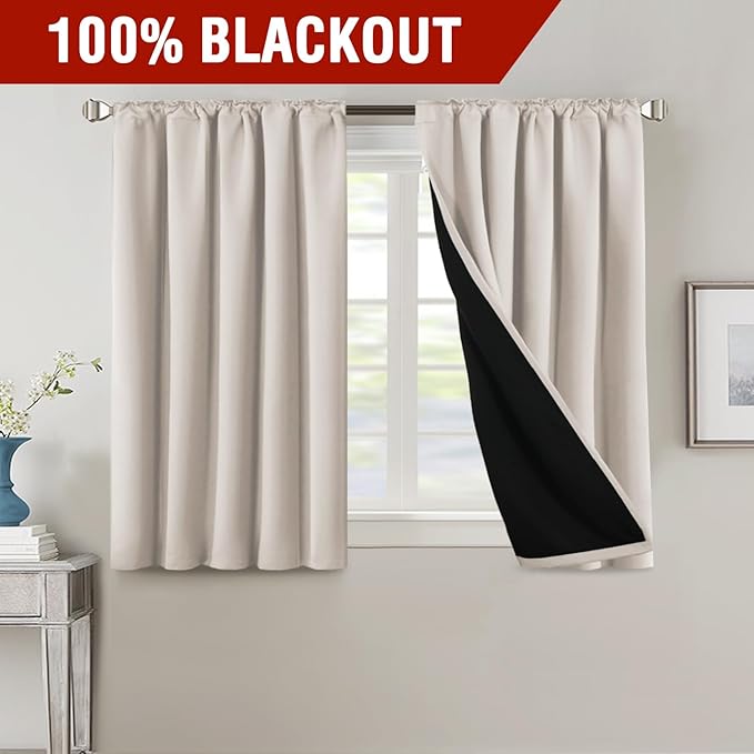 H.VERSAILTEX 100% Blackout Curtains for Bedroom with Black Liner Full Room Darkening Curtains 45 Inch Long Thermal Insulated Back Tab/Rod Pocket Window Drapes for Living Room, 2 Panels, Fog