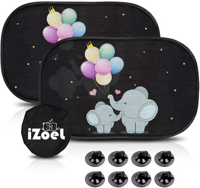 Car Sun Shade for Baby Kids 2 Pack Static Cling Side Window Car 110GSM Rear Sunshades Universal with Storage Bag - Sun Glare and UV Rays Protection for Your Child (Elephant)