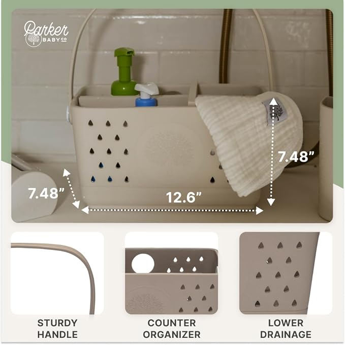 Parker Baby Large Bath Caddy | BPA Free & Food Grade Shower Caddy Organizer for Toys & Supplies | Quick-Dry, Sturdy & Perfect Size Shower Basket w/Handle in Neutral Colors