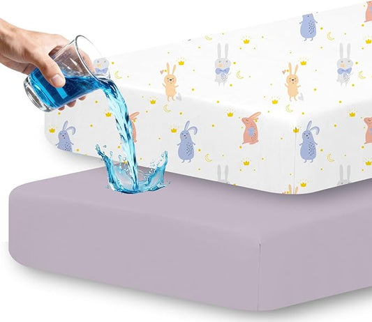 Little Grape Land Waterproof Crib Sheets for Boys Girls, Soft and Breathable Waterproof Baby Crib Sheets 52"x28", Crib Mattress Sheets Neutral for Standard Crib and Toddler Bed Mattress (Rabbit)