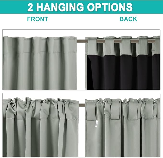NICETOWN Greyish Green 100% Blackout Window Curtain Panels, Cold and Full Light Blocking Drapes with Black Liner for Nursery, 84 Inches Drop Thermal Insulated Draperies (2 Pieces, 52 inches Wide)