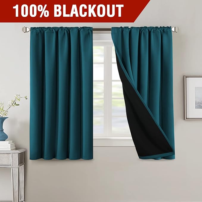 H.VERSAILTEX 100% Blackout Curtains for Bedroom with Black Liner Full Room Darkening Curtains 54 Inches Long Thermal Insulated Back Tab/Rod Pocket Window Drapes for Living Room, 2 Panels, Dark Teal