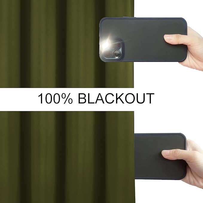 LEMOMO 100% Blackout Curtains 52 x 63 Inch Olive Green Curtains 2 Panels Darkening Thermal Insulated Bedroom Curtains