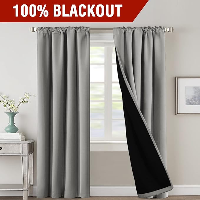 H.VERSAILTEX 100% Blackout Curtains for Bedroom with Black Liner Full Room Darkening Curtains Thermal Insulated Back Tab/Rod Pocket Window Drapes for Living Room, 2 Panels, 42 x 84 Inch, Dove Grey