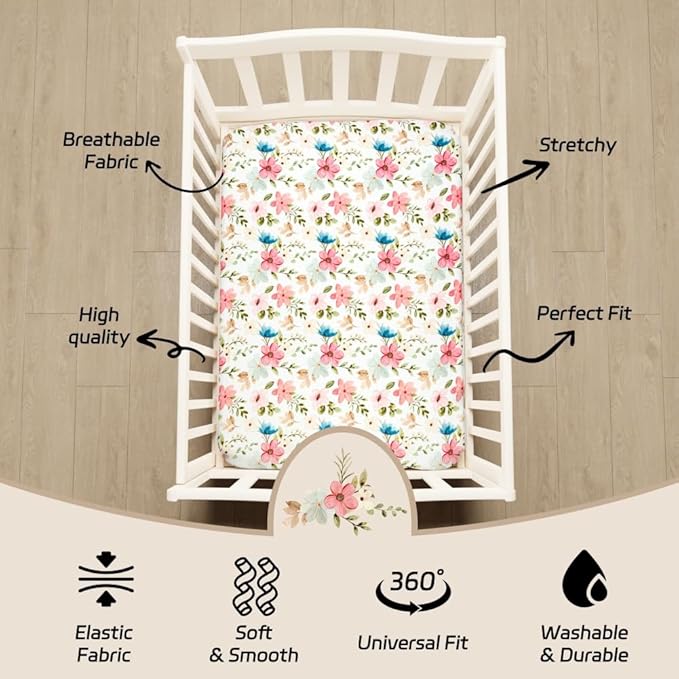 4 Pack Baby Girl Crib Sheets Set Soft Fitted Floral or Elephant Theme Baby Girl Mattress Covers Breathable Toddler Bed Sheets for Infant or Newborn Girls (Flower, Crib Sheets)