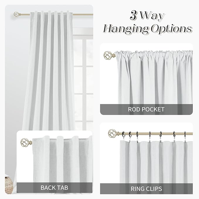 Ivory White Linen Blackout Curtains 96 Inch Length 2 Panels Set for Bedroom Back Tab Thermal Insulated 100% Black Out Linen Drapes Living Room Darkening Window Curtains 96 Inches Long 8 FT
