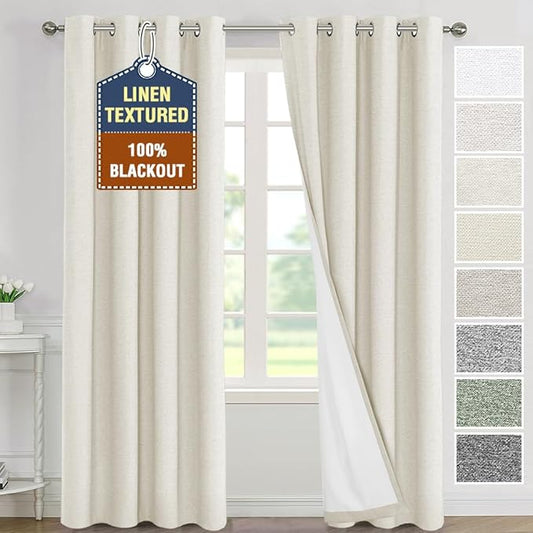 H.VERSAILTEX Energy-Saving Full Blackout Linen Curtains with Grommets, Perfect for Bedroom and Living Room Comfort Insulated Curtains for Winter 2 Panel Sets, 52x96 Inch, Heather Pale Oak(Not Solid)