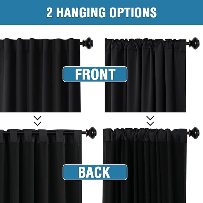 H.VERSAILTEX 100% Blackout Curtains for Bedroom with Black Liner Full Room Darkening Curtains Thermal Insulated Back Tab/Rod Pocket Window Drapes for Living Room, 2 Panels, 42 x 63 Inch, Jet Black
