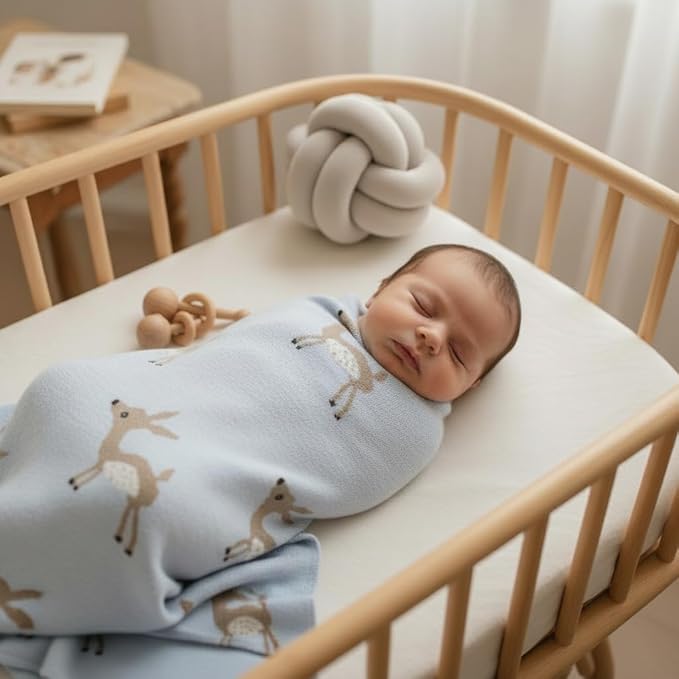 Knit Baby Swaddle Blanket - 100% Cotton Soft Cozy Receiving Swaddle Stroller Blanket for Shower Gift Registry for Newborns, Infants, Toddlers (Deer - Blue)
