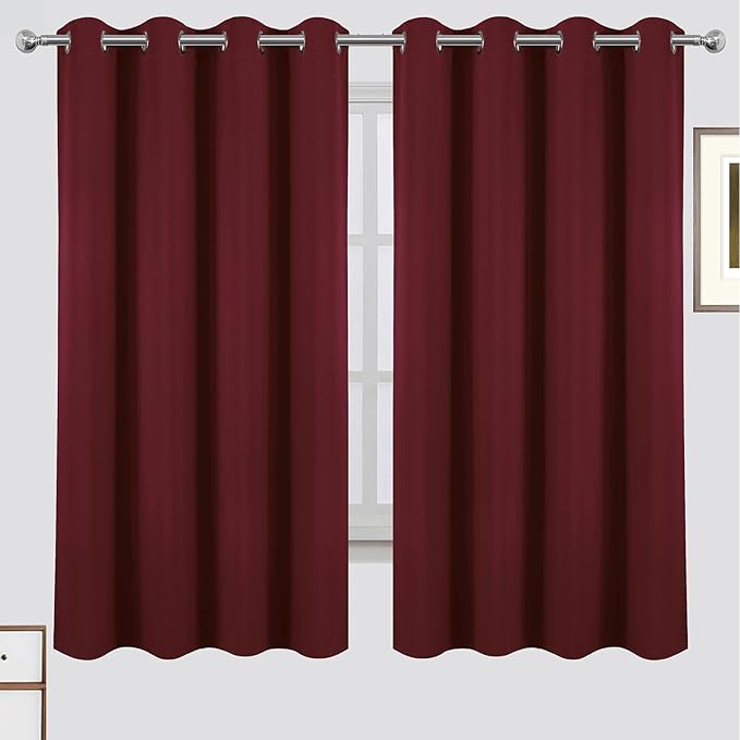 LEMOMO 100% Blackout Curtains 52 x 63 Inch Burgundy Red Curtains 2 Panels Darkening Thermal Insulated Bedroom Curtains