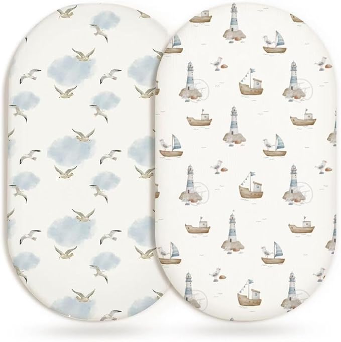 Bassinet Sheets for Baby Girls Boys 2 Pack, Fitted Baby Mattress Sheet for Rectangle, Oval, Hourglass Bassinet Mattress, Breathable Cozy & Universal Fit (Sailing Waves)