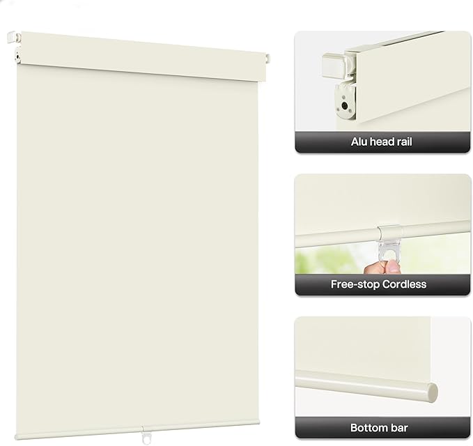 LazBlinds No Drill Blinds for Indoor Windows, Blackout Roller Shades, Cordless Window Blackout Blinds, Thermal Insulated Fabric UV Protection for Home and Office, 23" W x 72" H, Cream