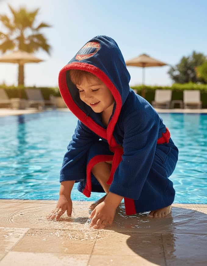 BAGNO MILANO Kids Organic Turkish Cotton Hooded Beach Cover-Up Towel, GOTS Certified, for Boys and Girls (Driver Navy, 7-8 Years)