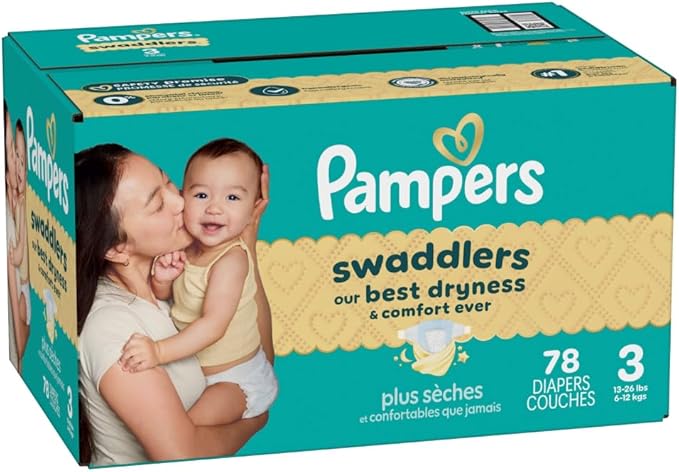 Pampers Swaddlers Diapers, Size 3 (13-26 lbs), 78 Count, Absorbent, Keeps Baby Dry and Comfortable, Skin Safe Disposable Baby Diaper
