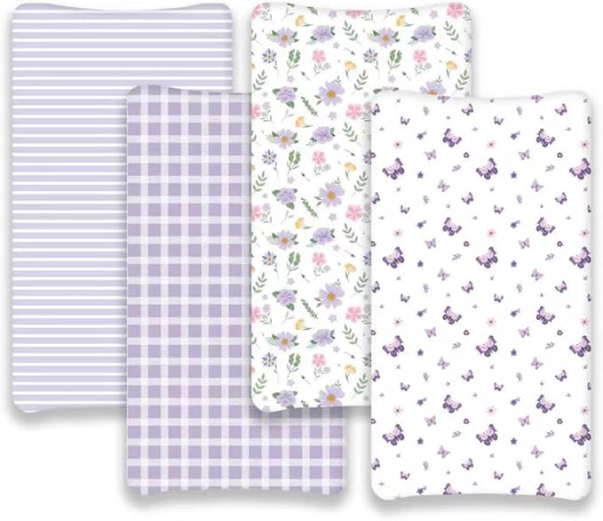 4 Pack Butterfly Baby Crib Sheets for Baby Girls Purple Crib Fitted Sheets for Standard Size Crib and Toddler Mattress Soft and Breathable (Changing Pad)