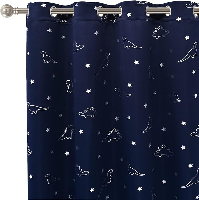 LORDTEX Dinosaur and Star Foil Print Blackout Curtains for Kids Room - Thermal Insulated Curtains Noise Reducing Window Drapes for Boys and Girls Bedroom, 52 x 84 Inch, Navy, Set of 2 Panels