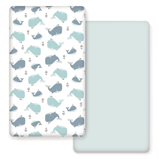 Stretchy Ultra Soft Jersey Knit Fitted Crib Sheets Set 2 Pack，Fits All Standard Crib Mattress Pads, Lovely Whale for Girls and Boys