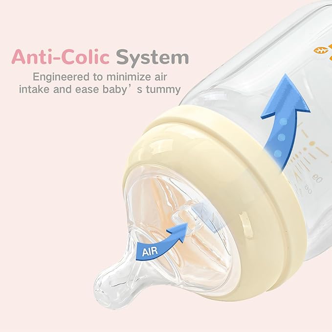 COMI Natural Glass Baby Bottles for Breastfeeding Babies,Newborn Anti-Colic Baby Bottle Set with Slow Flow Nipple,0-3 Months,BPA-Free,4 oz and 6 oz,2 Pack