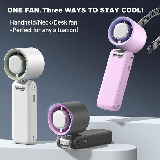 High Speed Handheld Fan, 13500 RPM Turbo Motor TEC Instant Cooling, 4000mAh Battery (3-23H) LCD Display, 3-in-1 Neck/Desk/Portable Fan for Travel Office Sports (Off-white)