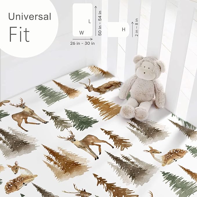 Stretchy Ultra Soft Jersey Knit Fitted Crib Sheets Set 2 Pack, Fits All Standard Crib Mattress Pads Safe and Snug, Stylish Woodland Deer Crib Sheet