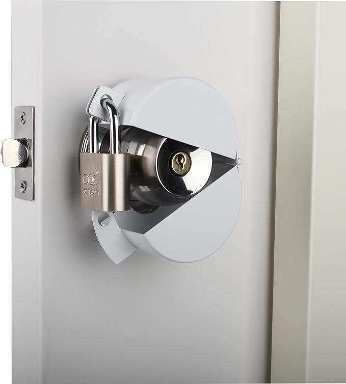 Door Knob Lockout Device with Padlock, Round Door Handle Security Lock, Prevents Turning of Door Knob and Access to Keyhole, White