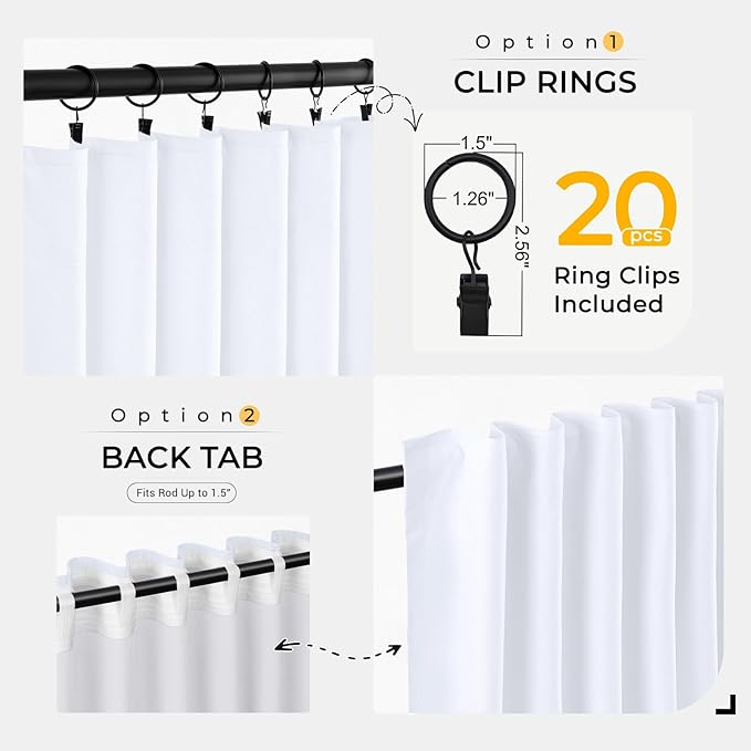 INOVADAY 100% Blackout Curtains for Bedroom, Black Out Curtains 72 Inch Long, Clip Rings Linen Blackout Drapes, Thermal Insulated Room Darkening for Living Room, 2 Panels - Brightwhite,W50xL72