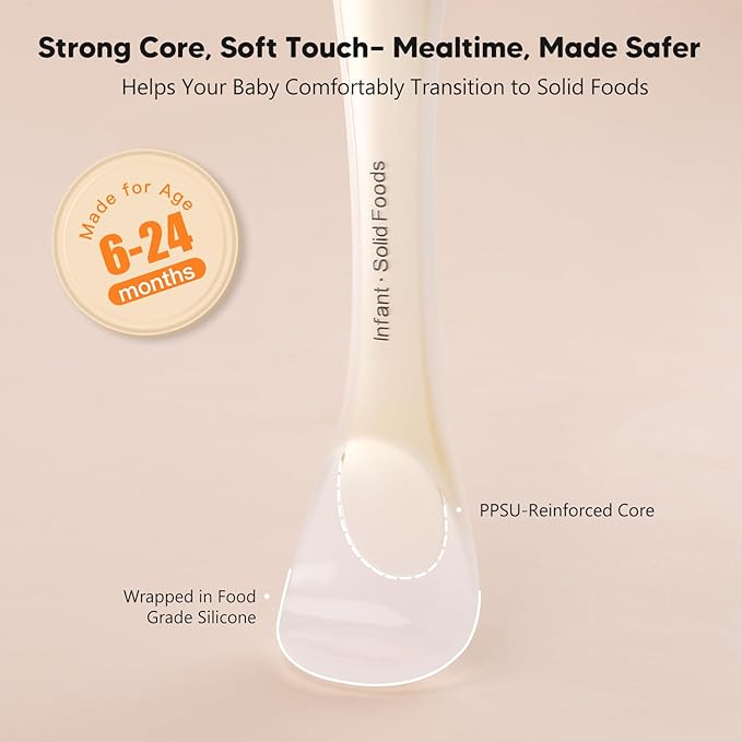Omnilove Silicone Baby Spoons 2-Pack with Case, Self Feeding 6 Months, Baby Led Weaning Supplies, Toddler Utensils with Safety Chain, Toddler Essentials, Dishwasher Safe Baby Safety Products