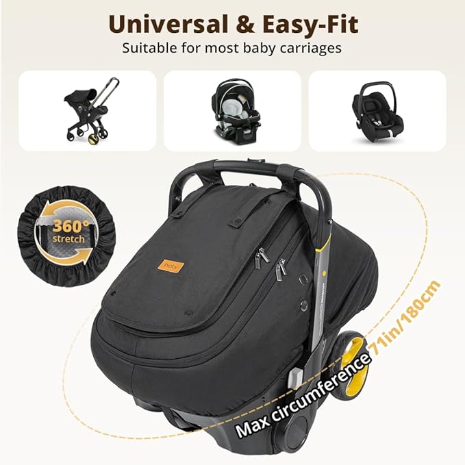 Bioby Waterproof Baby Car Seat Cover, Infant Car Seat Cover for Boy Girl, Roomy Cozy Windproof Sun Protection Baby Carseat Covers Canopy with Breathable Net and Holes, Universal Fitted Black