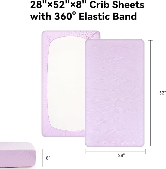 TILLYOU 2 Pack Muslin Crib Sheets for Boys and Girls, 100% Cotton Fitted Crib Sheet for Toddler 52x28 Standard Crib Mattress, Grey and Purple