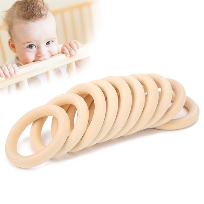 10Pcs Teething Rings, 65mm Baby Unfinished Wood Circles Without Paint, Smooths Circles for Crafts DIY Jewelry Pendant Connectors (Wood Color-65mm)