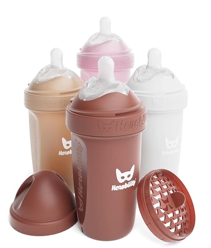 Herobility Anti-Colic Baby Bottles 8.5 fl oz/240ml - Pack of 4 Plastic Baby Bottles, Slow Flow Plastic Bottles, Breast-Shaped Teat for Breastfed Babies - Multicolor - Sand, Woodchuck, Pink, White