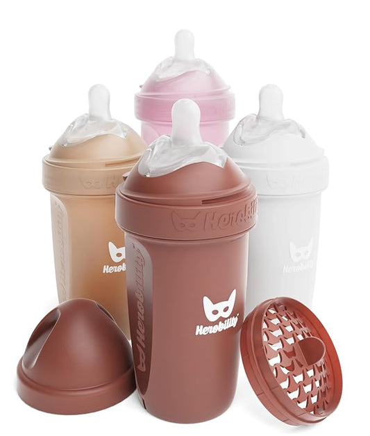 Herobility Anti-Colic Baby Bottles 8.5 fl oz/240ml - Pack of 4 Plastic Baby Bottles, Slow Flow Plastic Bottles, Breast-Shaped Teat for Breastfed Babies - Multicolor - Sand, Woodchuck, Pink, White