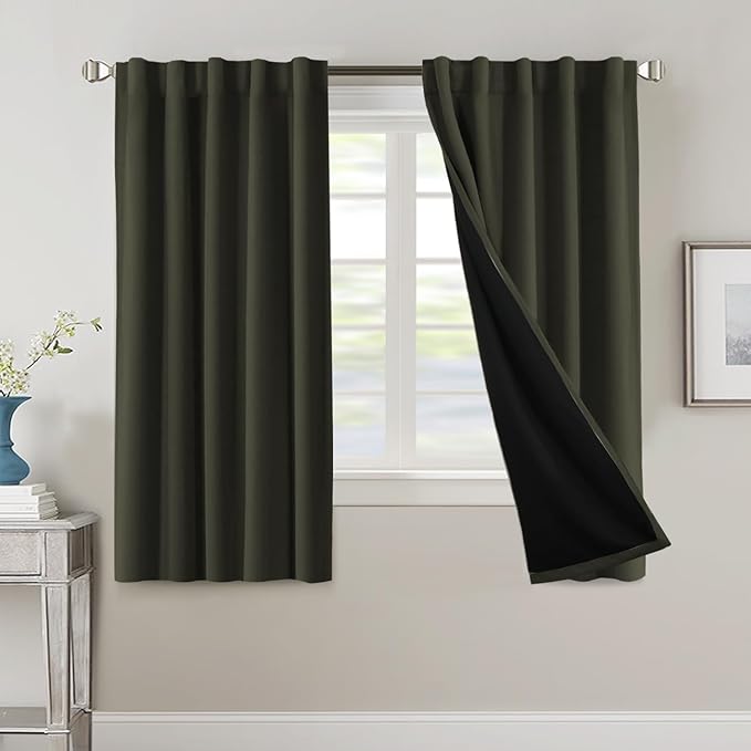 H.VERSAILTEX 100% Blackout Curtains for Bedroom with Black Liner Full Room Darkening Curtain Thermal Insulated Back Tab/Rod Pocket Window Drapes for Living Room, 2 Panels, 42 x 63 Inch, Olive