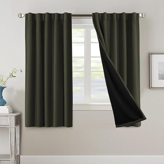 H.VERSAILTEX 100% Blackout Curtains for Bedroom with Black Liner Full Room Darkening Curtain Thermal Insulated Back Tab/Rod Pocket Window Drapes for Living Room, 2 Panels, 42 x 63 Inch, Olive