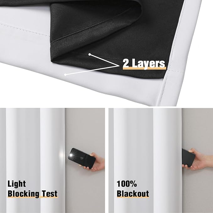 ChrisDowa 100% Blackout Curtains 63 inch Long for Bedroom with Black Liner, Extra Wide 2 Thick Layers Total Blackout Thermal Insulated Grommet Window Curtains 2 Panels Set (Pure White, 60 x 63 Inch)