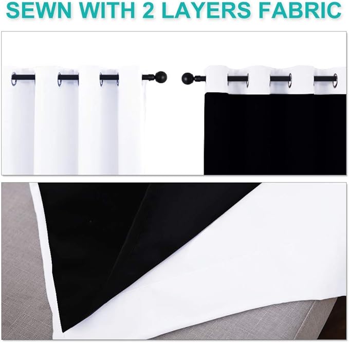 NICETOWN White Blackout Curtains 70 inches Long, 2 Pieces, 37" Wide Each Panel, Full Light Blocking Drapes with Black Liner for Nursery, Noise Reducing Thermal Insulated Draperies for Doorway