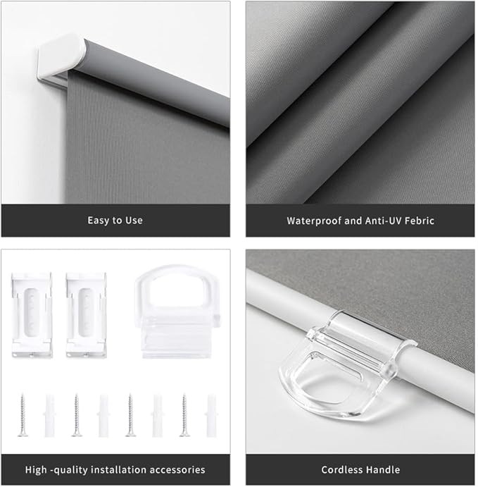 Blackout Roller Shades Blinds Cordless for Windows Without Tools and Drill,Cordless Free-Stop Blinds with Thermal Insulated, Easy to Install (22" W x 72" H, Grey)