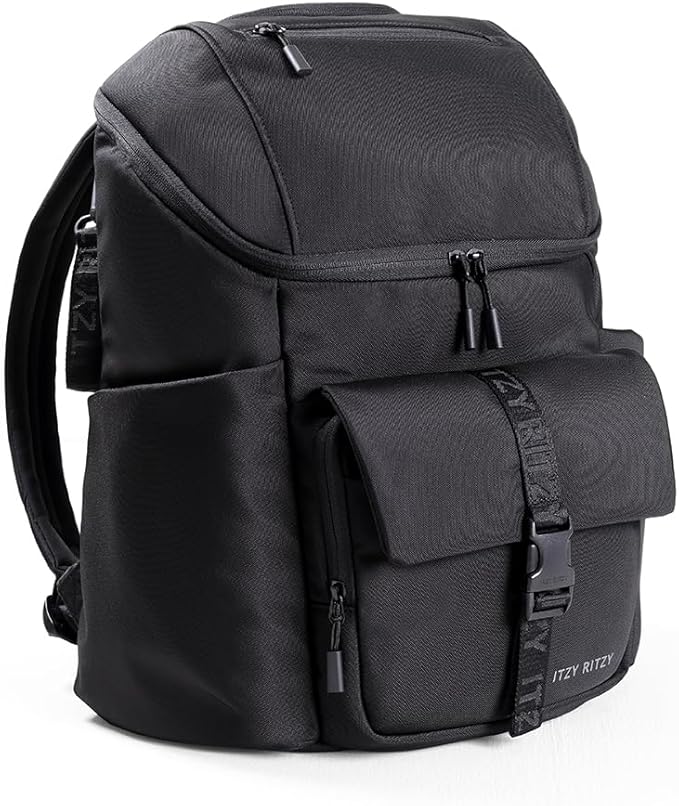 Itzy Ritzy Belong Bucket Backpack – Lightweight Diaper Bag Backpack Featuring 16 Pockets, Bucket Top Opening, Stroller Straps & Changing Pad; Organized and Stylish Everyday Family Backpack (Black)