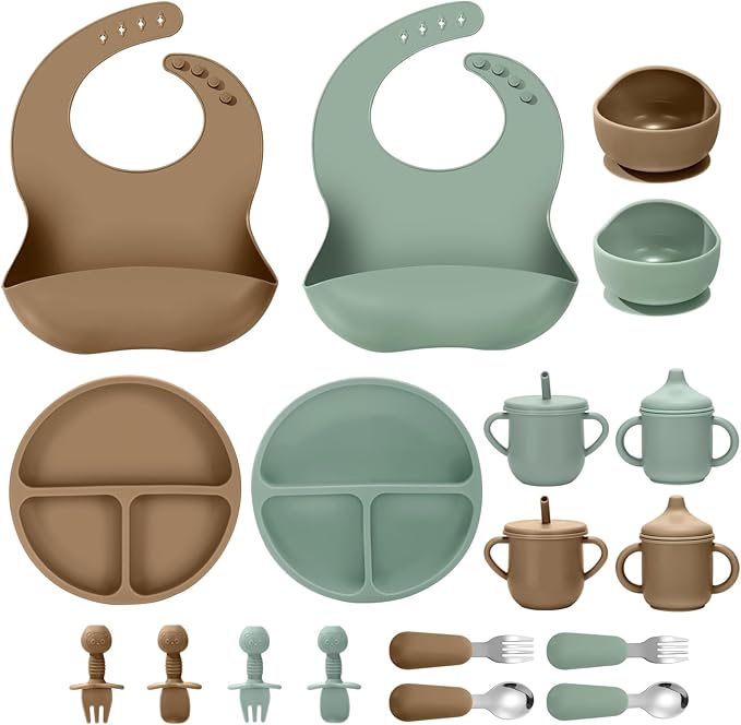 JELLDJK Silicone Baby Feeding Set, 18PCS Baby Led Weaning Supplies, Eating Essentials Utensils with Suction Plate and Bowl, Adjustable Silicone Bib, for 6+ Months (Green+Brown)