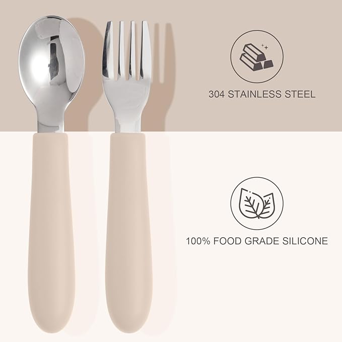 Eascrozn 6 Pack Toddler Utensils, Kids Silverware Set with Silicone Handle, Children Safe Forks and Spoons, 18/8 Stainless Steel, Food Grade Silicone Feeding Supplies, Dishwasher Safe