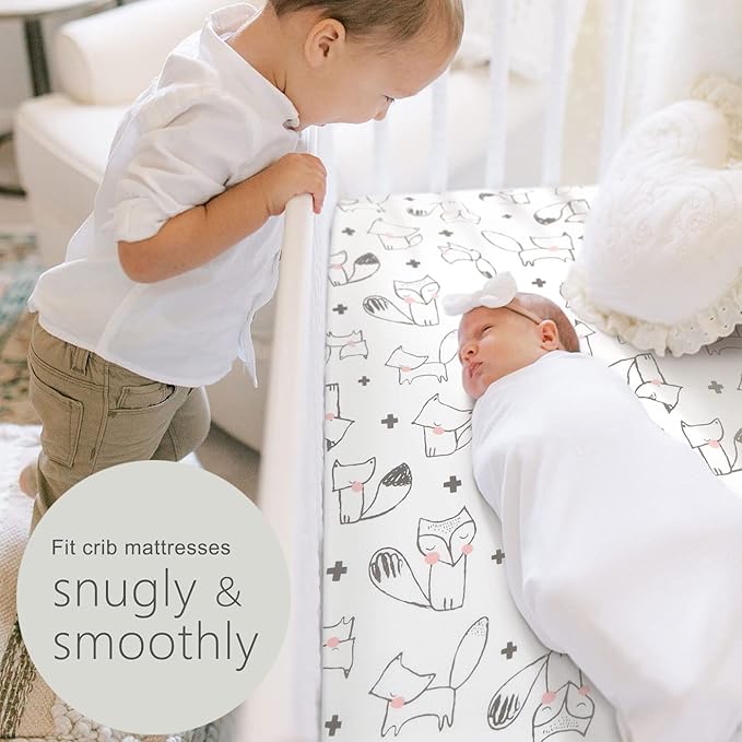GRSSDER Stretchy Ultra Soft Jersey Knit Fitted Crib Sheets Set 2 Pack, Cozy Crib Sheet Girl Fits All Standard Crib Mattress Pads, Cute Foxes and Rabbits Print