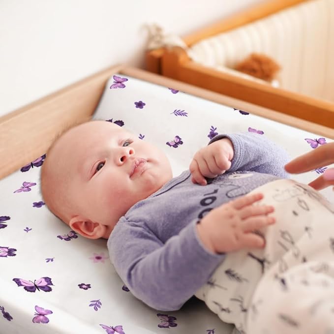 4 Pack Butterfly Baby Crib Sheets for Baby Girls Purple Crib Fitted Sheets for Standard Size Crib and Toddler Mattress Soft and Breathable (Changing Pad)