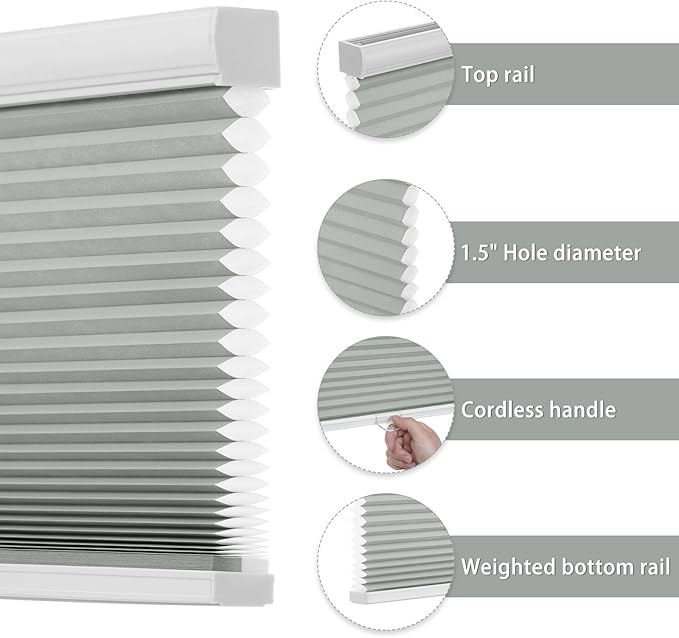 Changshade Cordless Light Filtering Shades Cellular Blinds for Indoor Windows Doors, Honeycomb Pull Down 1.5" Cell for Bedroom, Bathroom, Nursey, Gray, Shade Size 33.5 Inch Width, 72 Inch Height