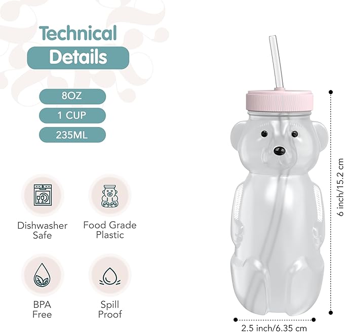The 730 Project Honey Bear Straw Cup for Babies, 8-oz Honey Bear Cup with Lid, 3-Pack Therapy Learning Honeybear Straw, Baby Bottle Set, Cherry Blossom PINK