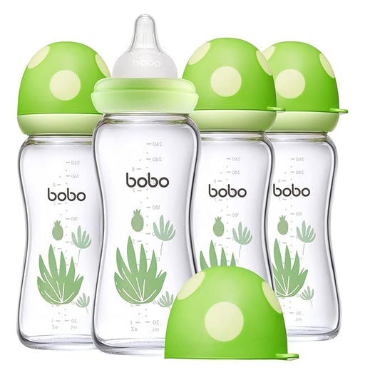YOHKOH Natural Glass Baby Bottle with Level 2 Medium Flow Nipple, Newborn Anti-Colic Baby Bottles, Wide Neck Mushroom Baby Glass Bottle (8.8oz (Pack of 4), Green)