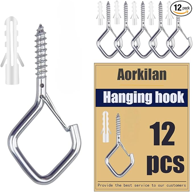 12-Pack Heavy-Duty Silver Screw Eye Hooks with Safety Clips | Metal Ceiling Hooks for Hanging Plants, Wind Chimes, Bird Feeders & Indoor/Outdoor Lights