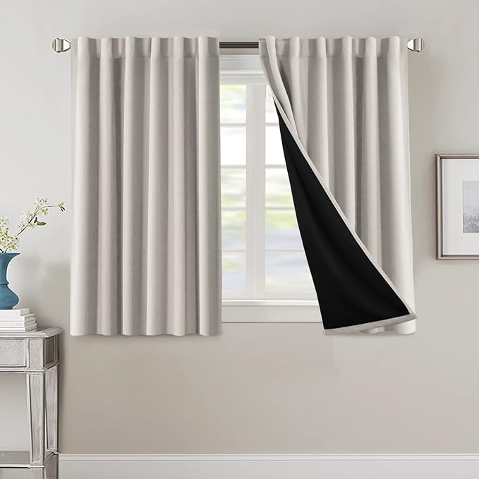 H.VERSAILTEX 100% Blackout Curtains for Bedroom with Black Liner Full Room Darkening Curtains 45 Inch Long Thermal Insulated Back Tab/Rod Pocket Window Drapes for Living Room, 2 Panels, Pumice Stone