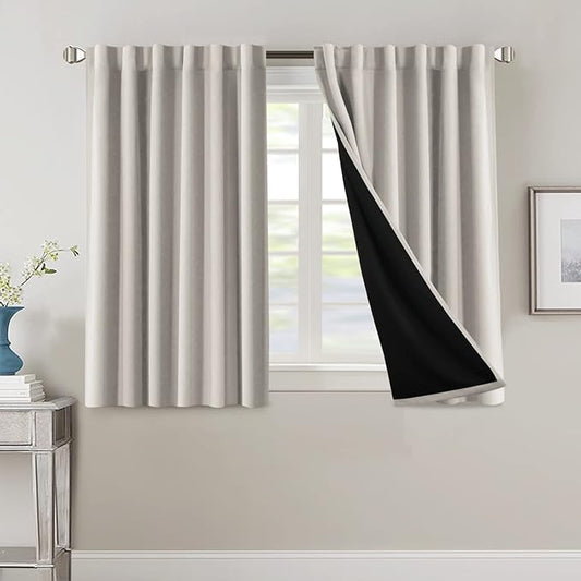 H.VERSAILTEX 100% Blackout Curtains for Bedroom with Black Liner Full Room Darkening Curtains 45 Inch Long Thermal Insulated Back Tab/Rod Pocket Window Drapes for Living Room, 2 Panels, Pumice Stone