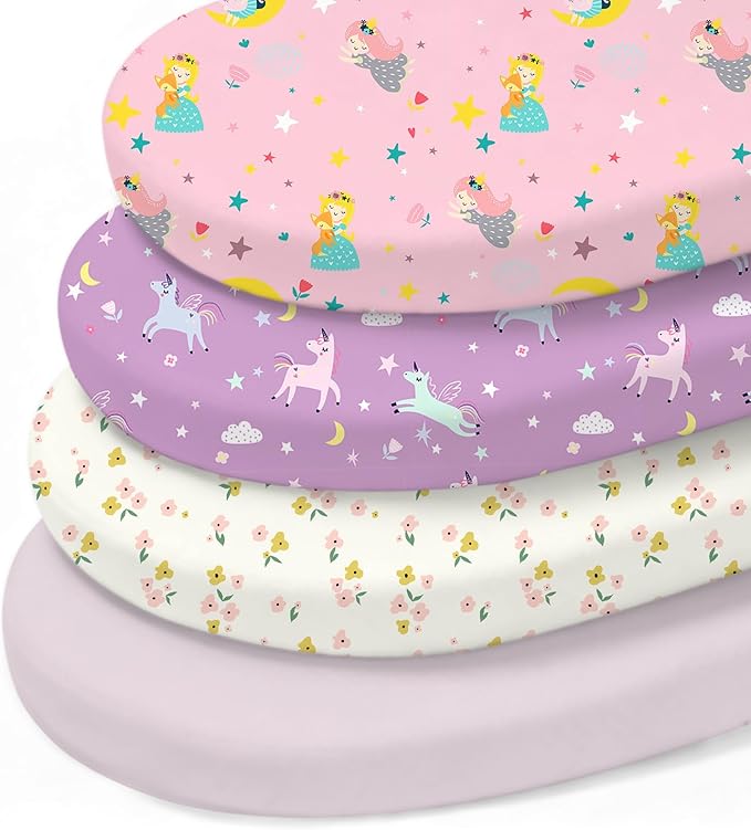 Little Grape Land Bassinet Sheets 4 Pack, 33" x 18" Fitted Bassinet Sheets Up to 4" Deep Pocket, Ultra Soft Baby Bassinet Fitted Sheets for Bassinet Mattress, Unicorn Dreams